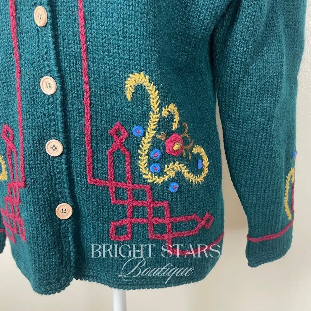 Rare Vintage Hand Embroidered Cardigan ASO Phoebe Buffay Friends Green Small